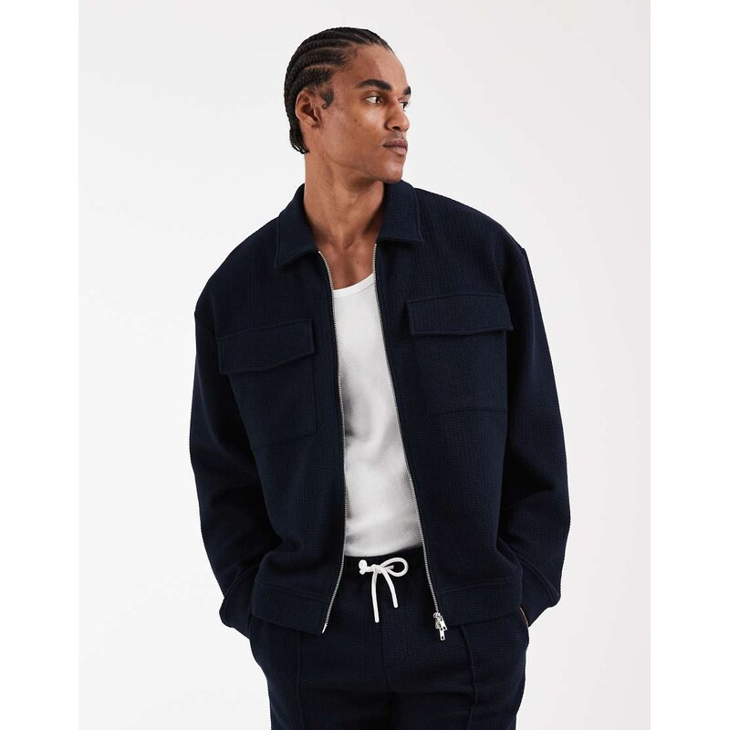 ASOS DESIGN relaxed zip through jacket in navy bubble