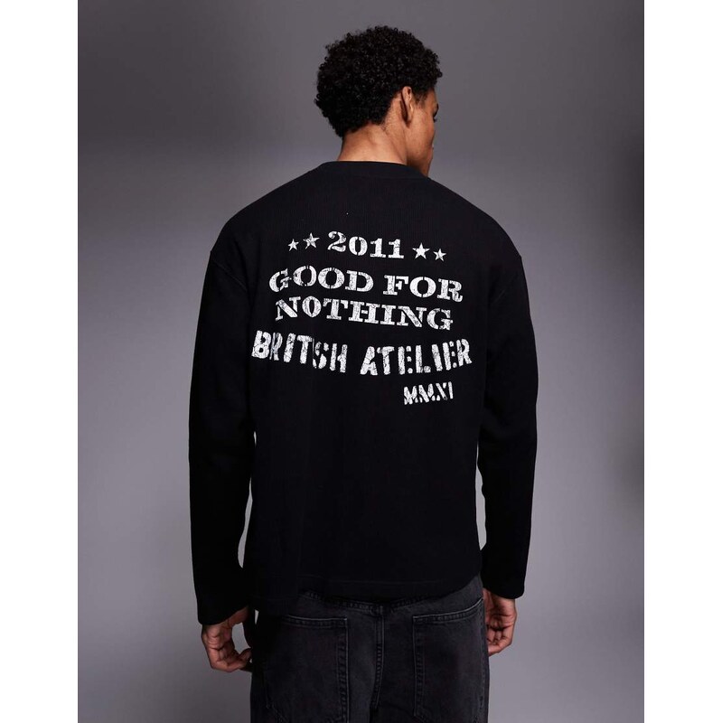 Good For Nothing long sleeve waffle t-shirt in black with back