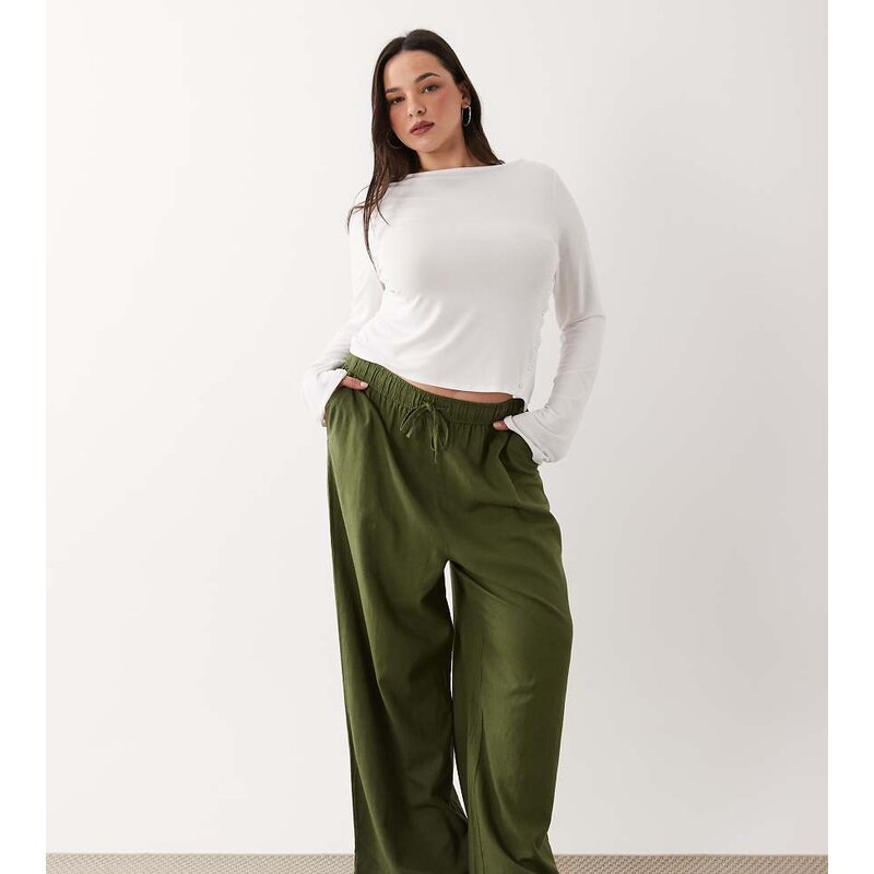 New Look Plus New Look Curve linen blend wide leg trousers in