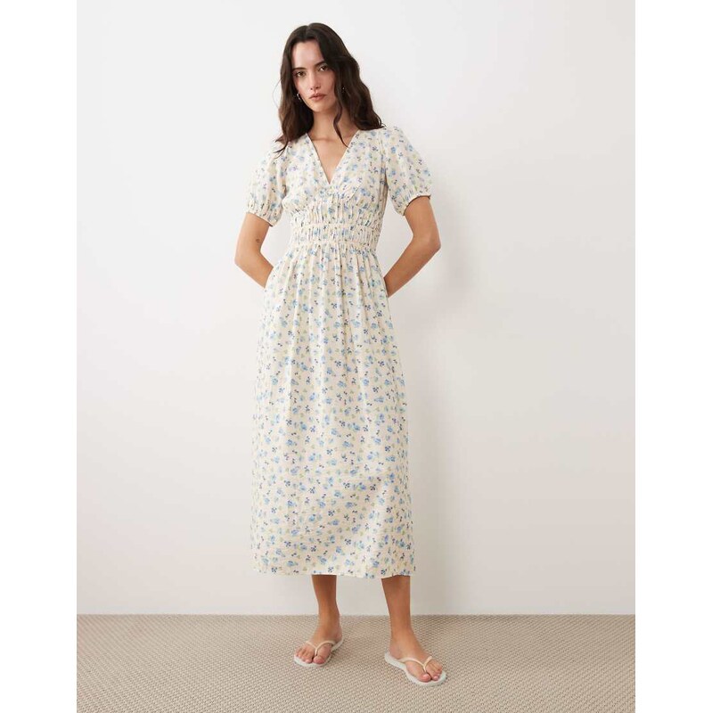 New Look ditsy v neck ruched waist midi dress in cream-White