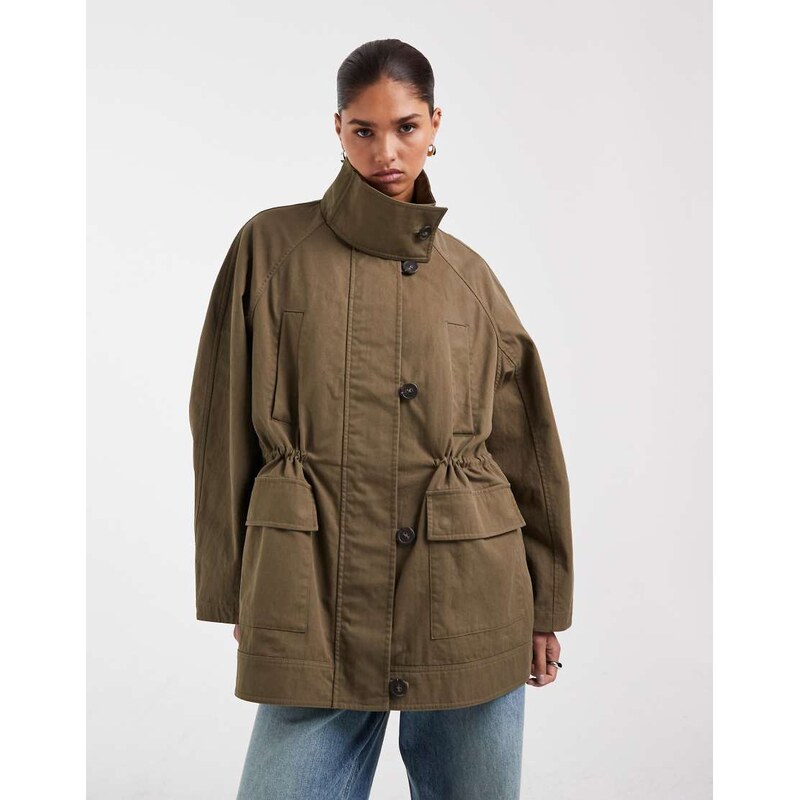 ASOS DESIGN oversized cinched waist parka jacket in khaki-Green