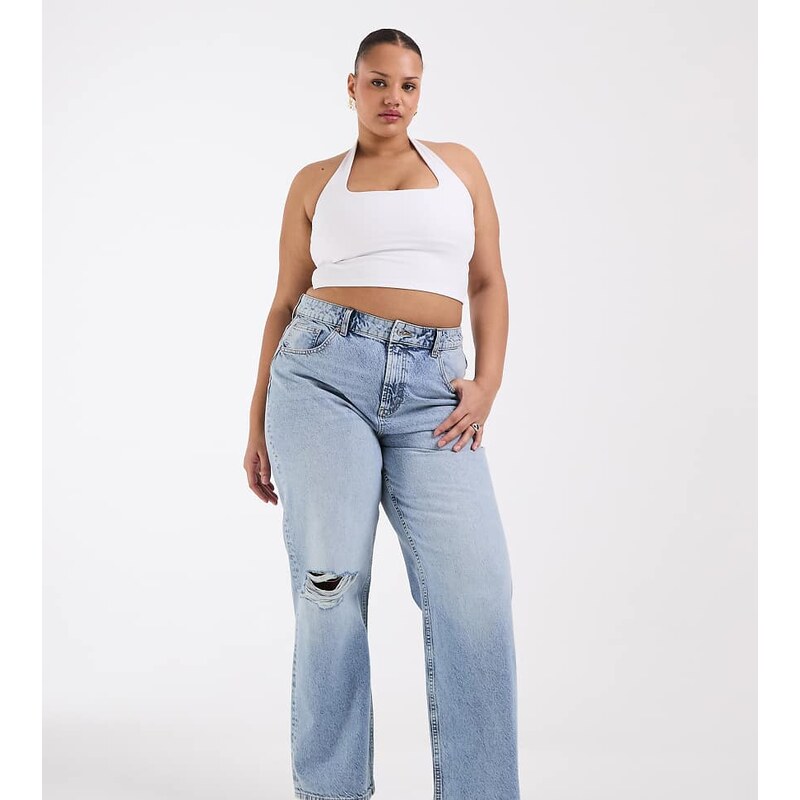 ASOS Curve ASOS DESIGN Curve wide leg dad jeans in lightwash with knee 115521528