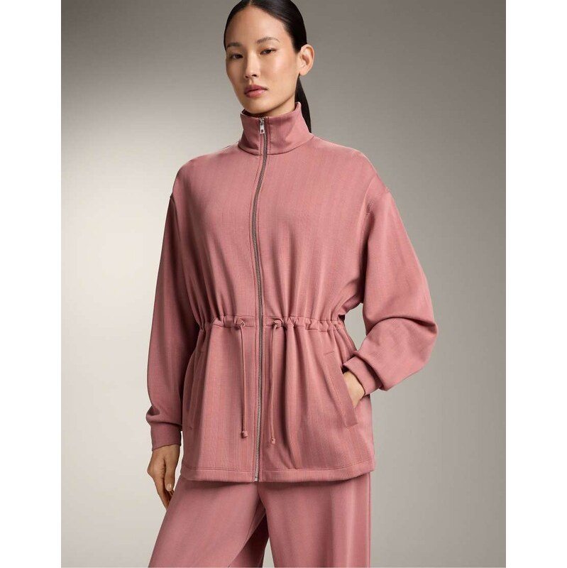 OYSHO Long jacket with adjustable waist and striped texture in russet 114598376