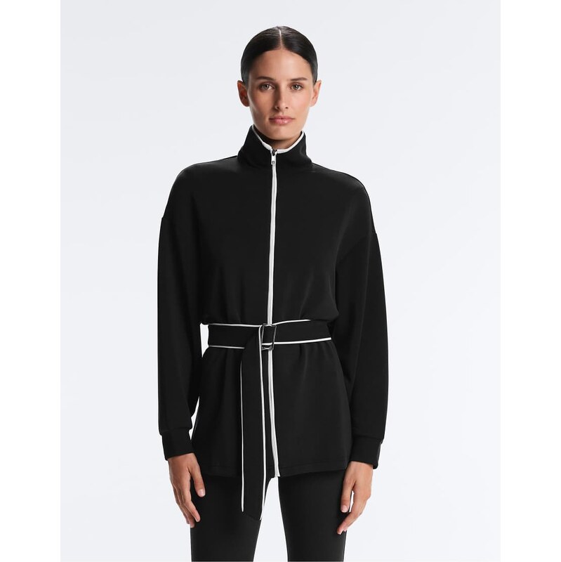 OYSHO Long piping jacket with soft-touch modal in black 114598378
