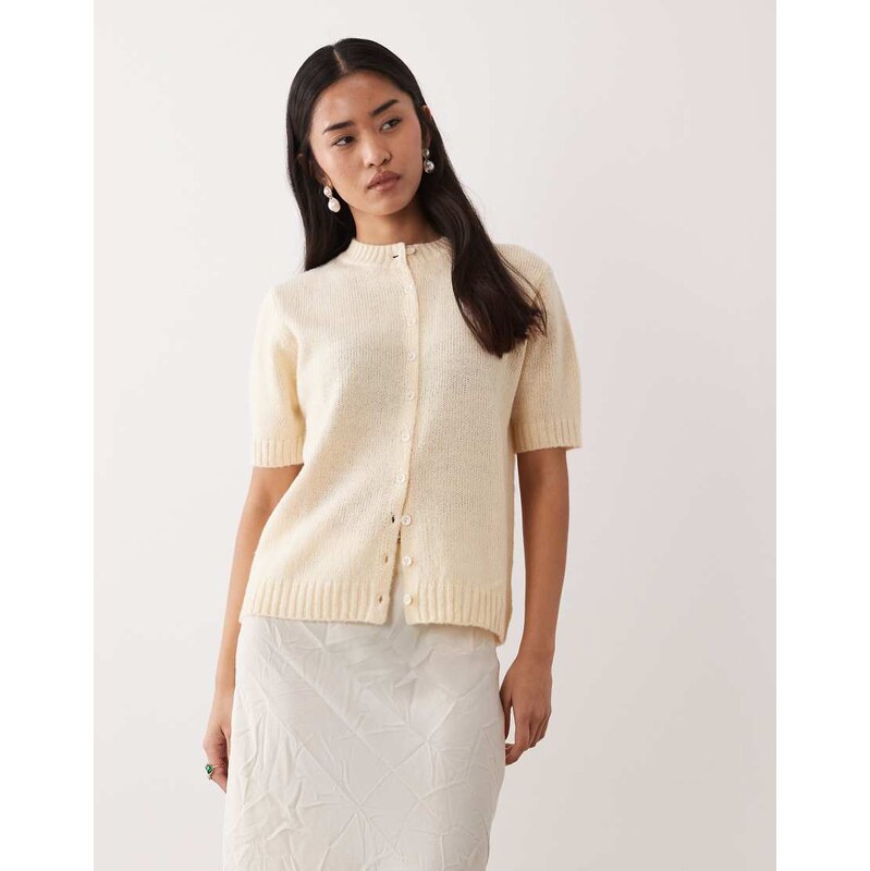 Pretty Lavish button up knit short sleeve cardigan in butter lemon 114598366