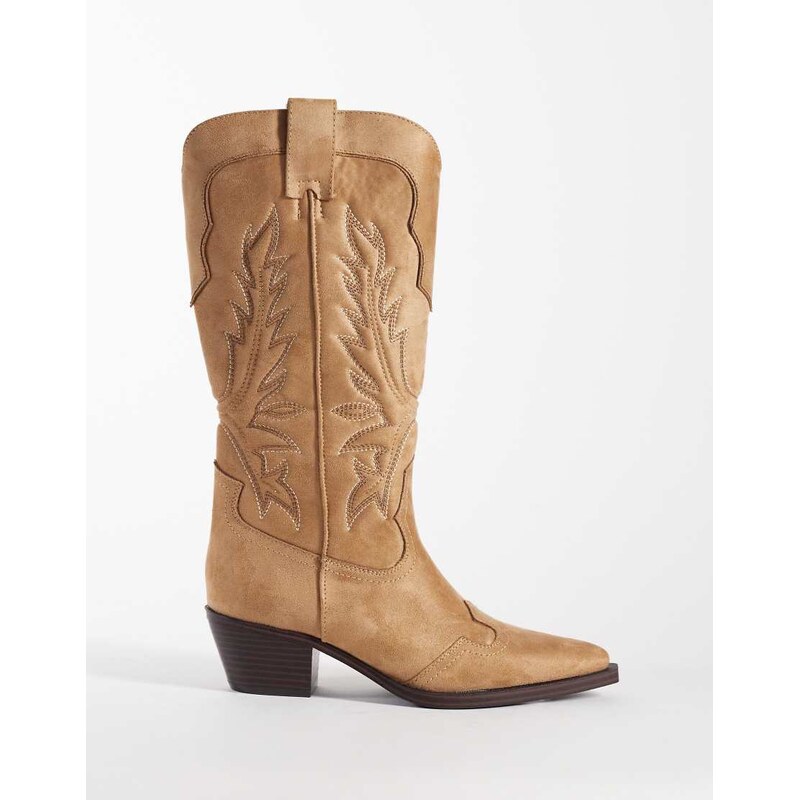 ASOS DESIGN Celestine flat western knee boots in taupe suedette 114688216