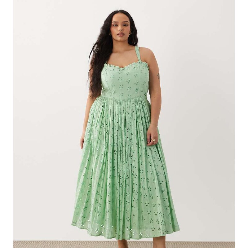 Lace & Beads Plus broderie cotton corset midaxi dress in bright