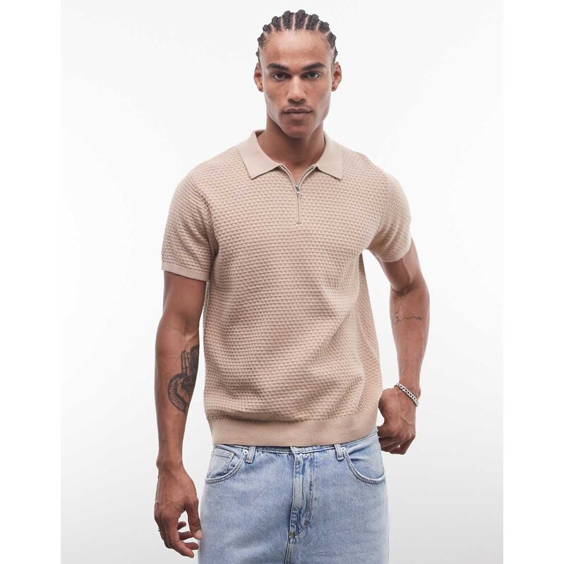 CAPO micro square zip collar polo shirt in taupe-Brown