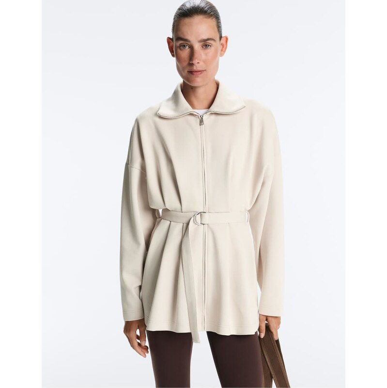 OYSHO Long piqué jacket with belt and pleat detail in light pink 114604829
