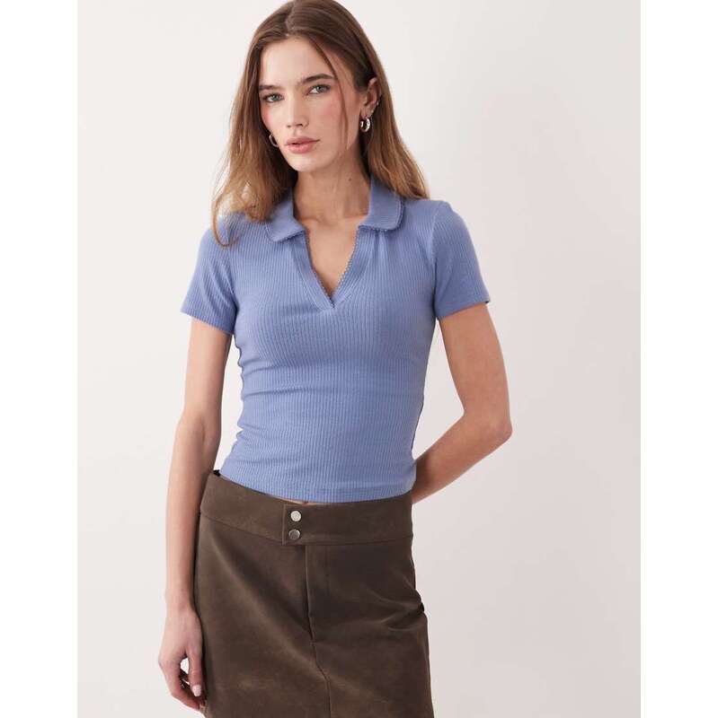 Miss Selfridge fitted rib polo top with picot stitch in dusky