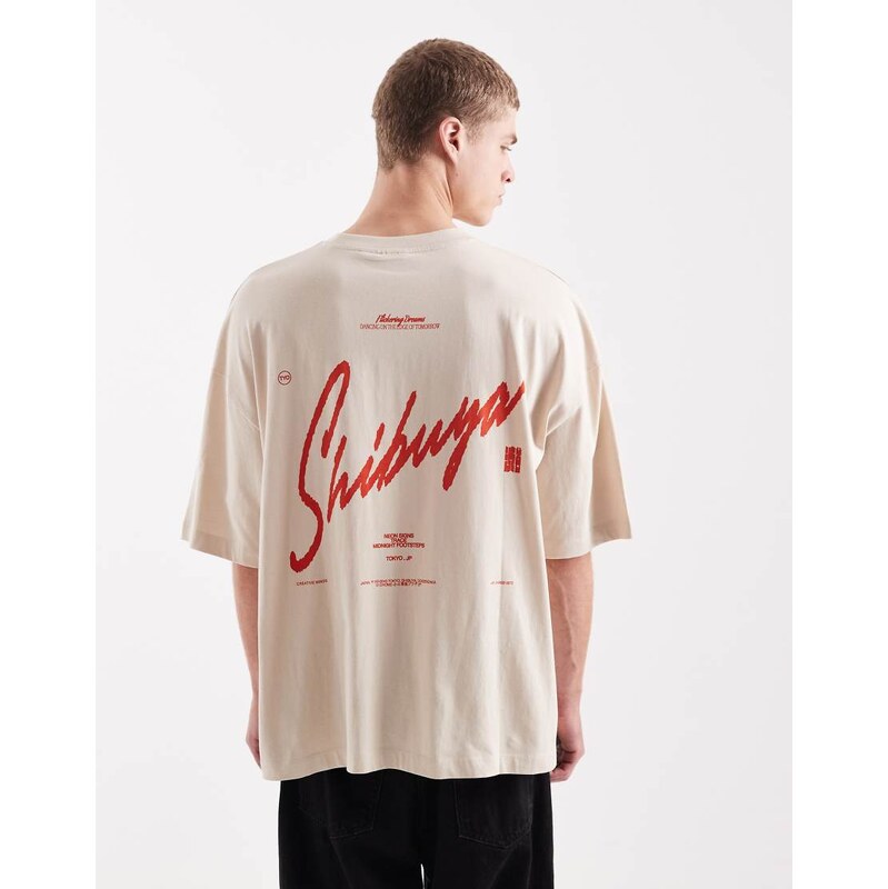 ASOS DESIGN oversized t-shirt with text graphic in beige-Neutral