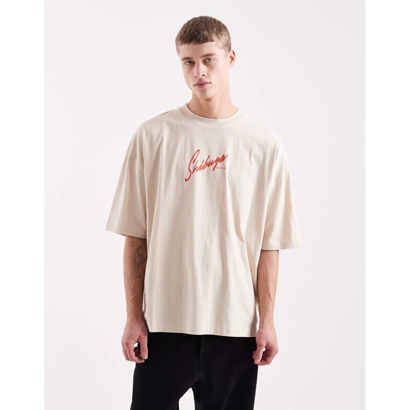 ASOS DESIGN oversized t-shirt with text graphic in beige-Neutral