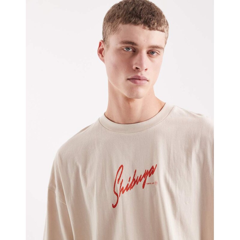 ASOS DESIGN oversized t-shirt with text graphic in beige-Neutral