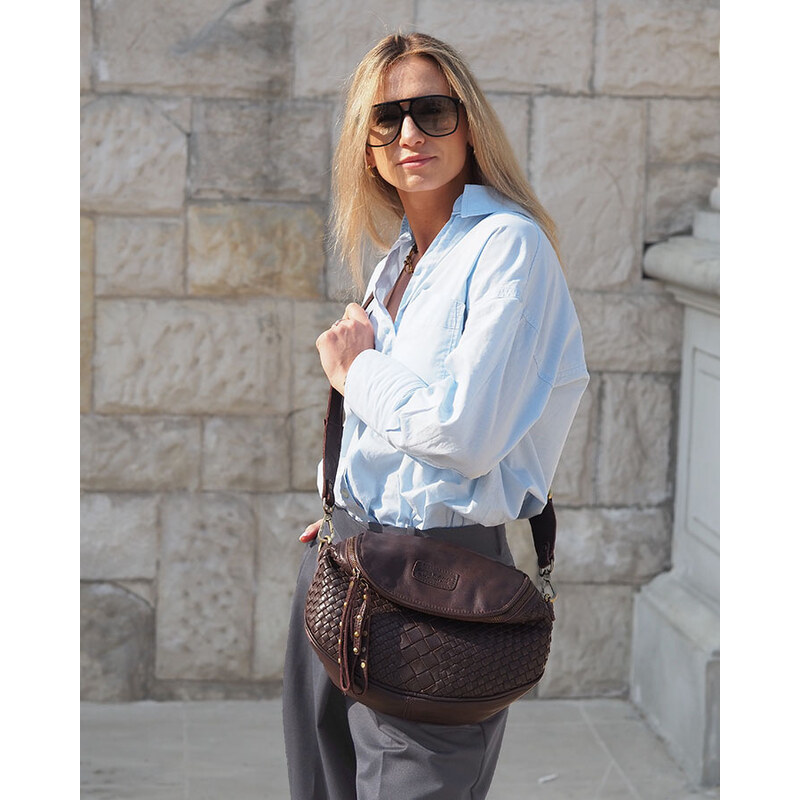 MARCO MAZZINI Kožená pletená crossbody - tmavě hnědá 85882046