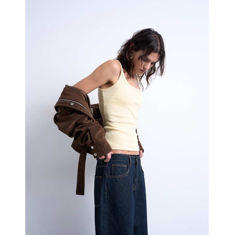 Topshop skinny strap scoop rib vest in buttermilk-Yellow