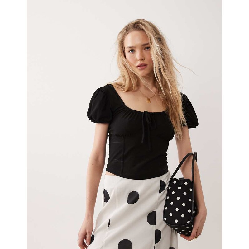 Miss Selfridge puff Sleeve milkmaid top in black 115149273
