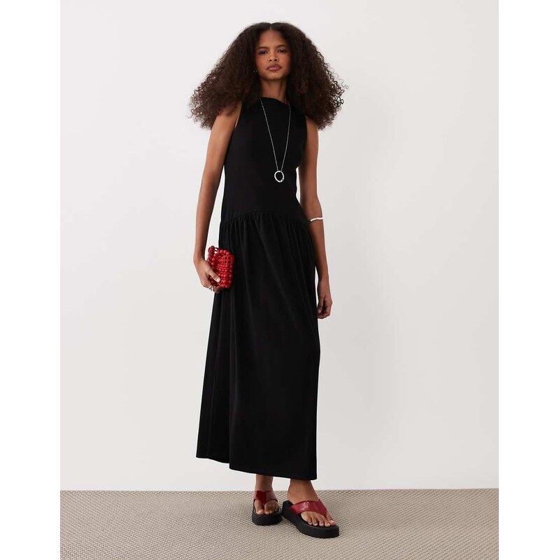 ASOS DESIGN rib mix midi dress with drop waist in black