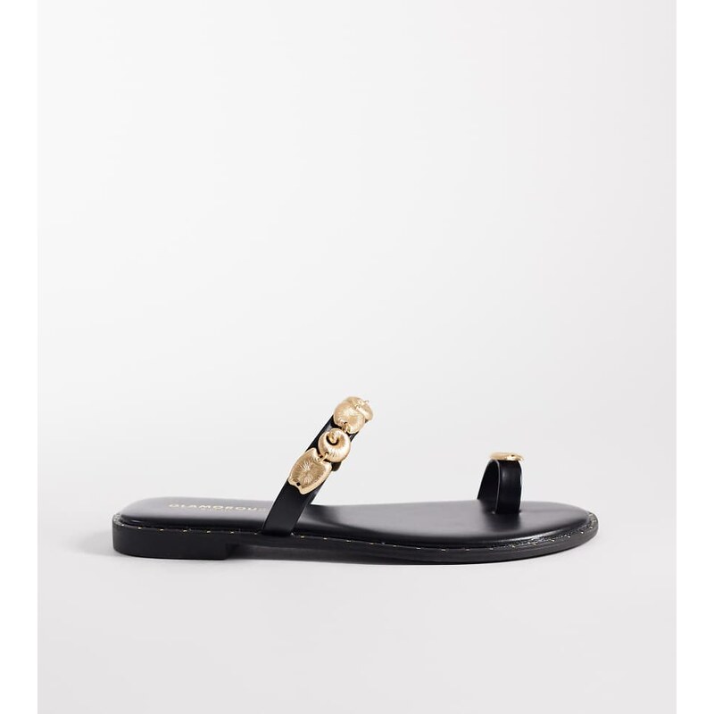 Glamorous Wide Fit flat sandals with gold shells in black 114807721