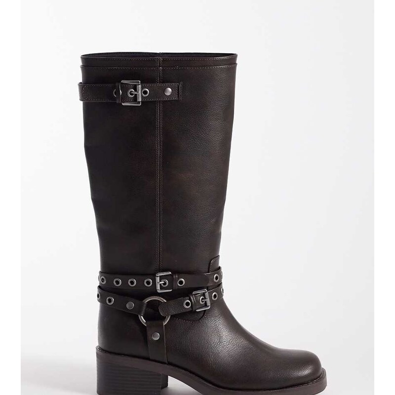 ASOS DESIGN Curve Cassandra eyelet biker boot in brown burnish