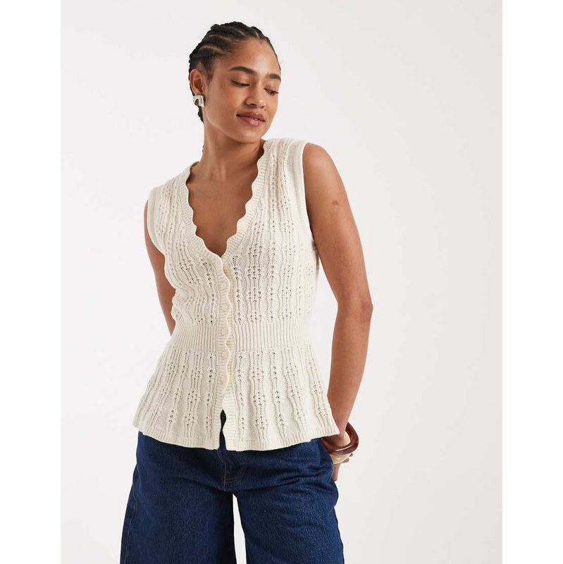 New Look cinched waist knitted waistcoat in cream-White