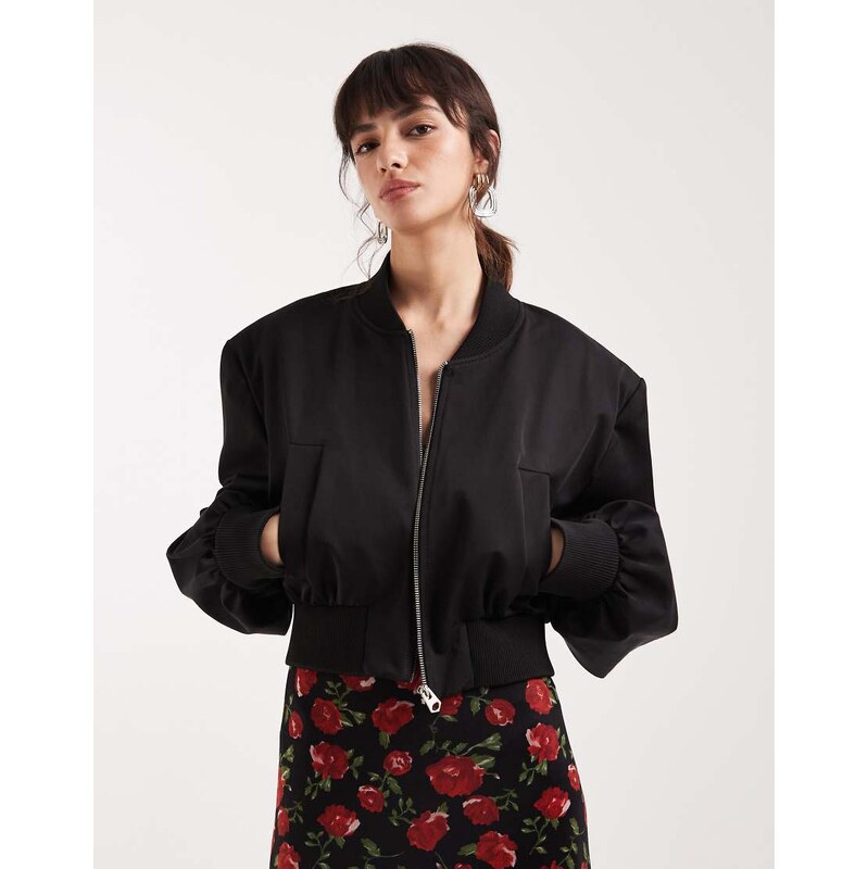 ASOS DESIGN cropped shoulder pad bomber jacket in black