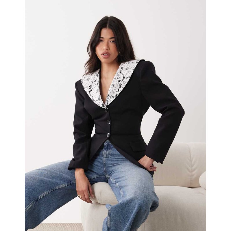 ASOS DESIGN cinched blazer with lace collar in black