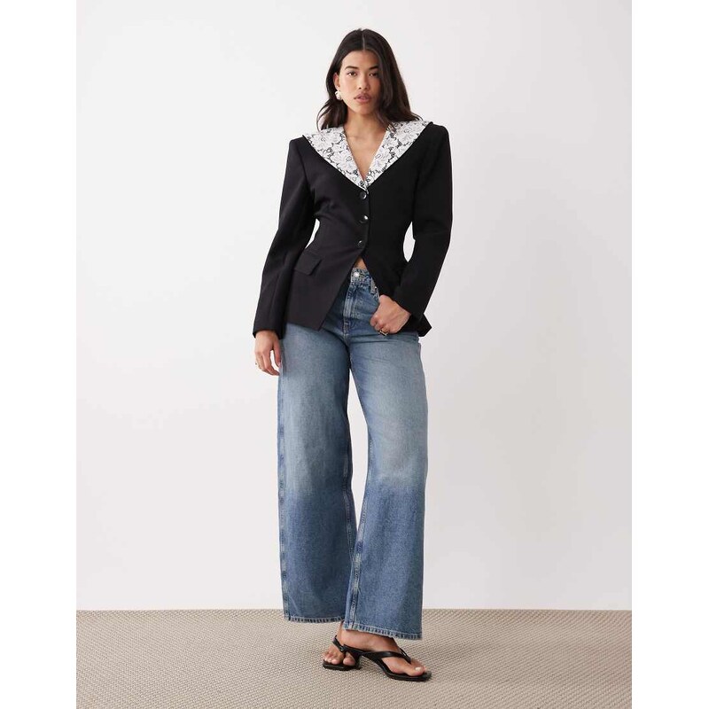 ASOS DESIGN cinched blazer with lace collar in black