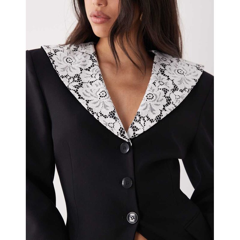 ASOS DESIGN cinched blazer with lace collar in black