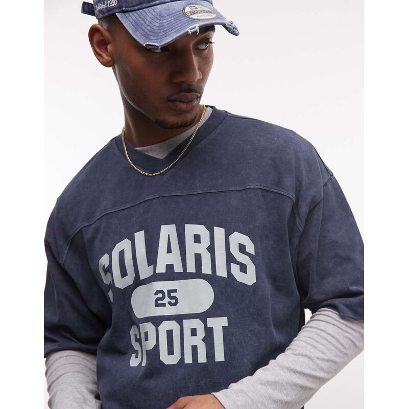 ASOS DESIGN boxy oversized t-shirt with sport graphic in navy