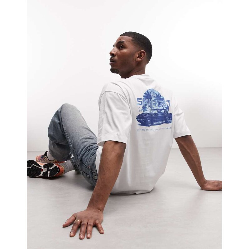 ASOS DESIGN oversized t-shirt with blue car graphic in white