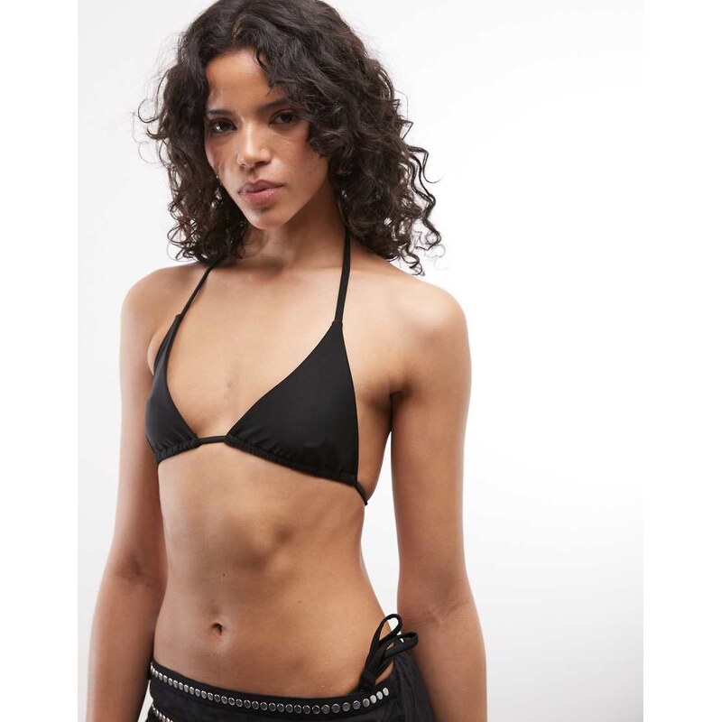 COLLUSION tie front triangle bikini top in black