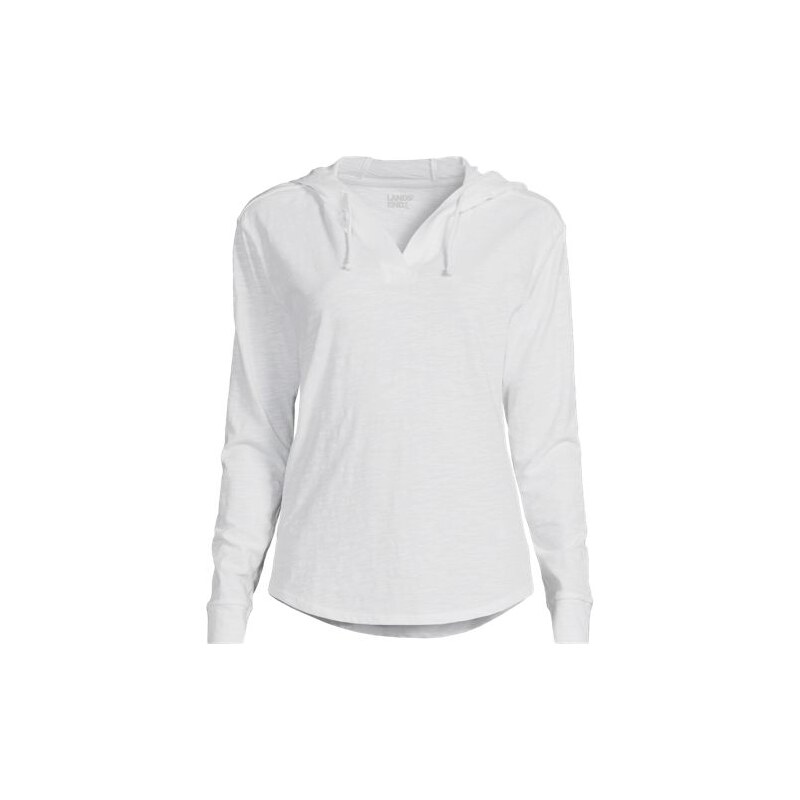 Long Sleeve Slub Cotton Hooded Shirt, Women, size: 20-22, plus, White, 115236577