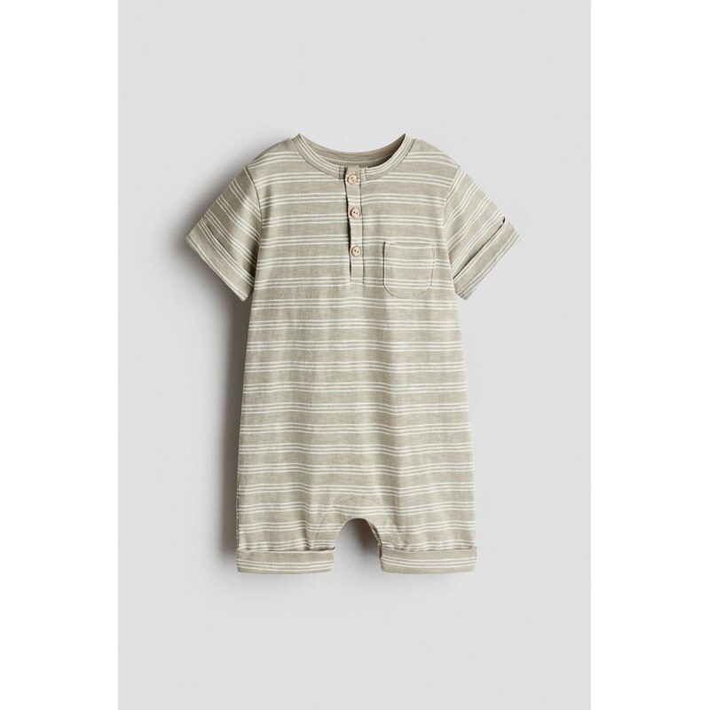 H&M - Bavlněný overals potiskem - Světle Zelená Khaki/Proužky