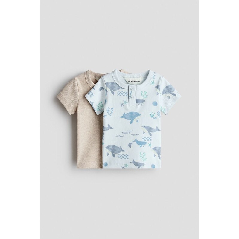 H&M - Bavlněné tričko henley 2 kusy - Bleděmodrá/Velryby