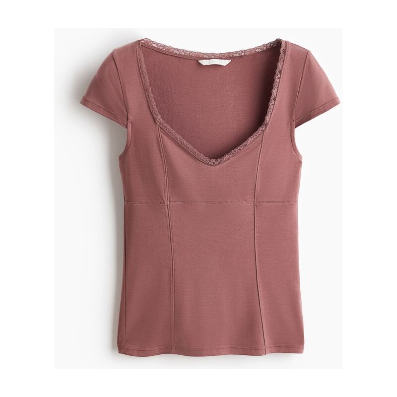 H&M - Tops krajkovým lemem - Tlumená Tmavě Růžová