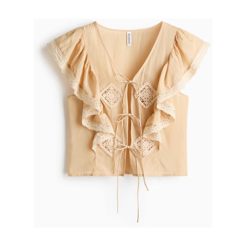 H&M - Volánková halenka lemovaná krajkou - Světle Béžová