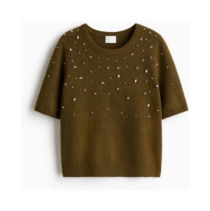 H&M - Top z jemného úpletu zdobený štrasem - zelená 110363125