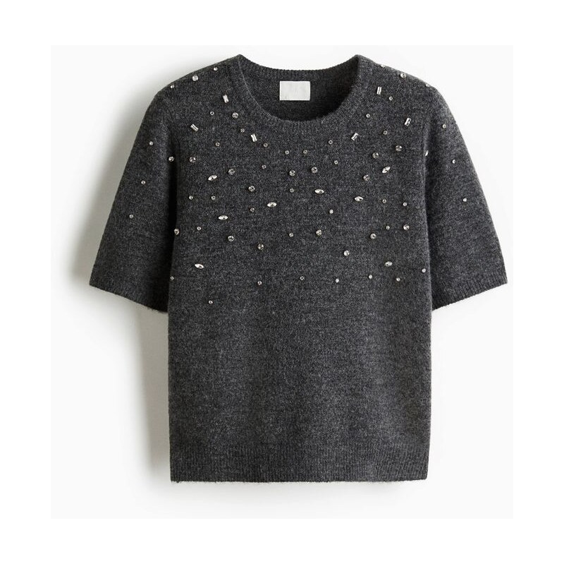 H&M - Top z jemného úpletu zdobený štrasem - šedá 110363215