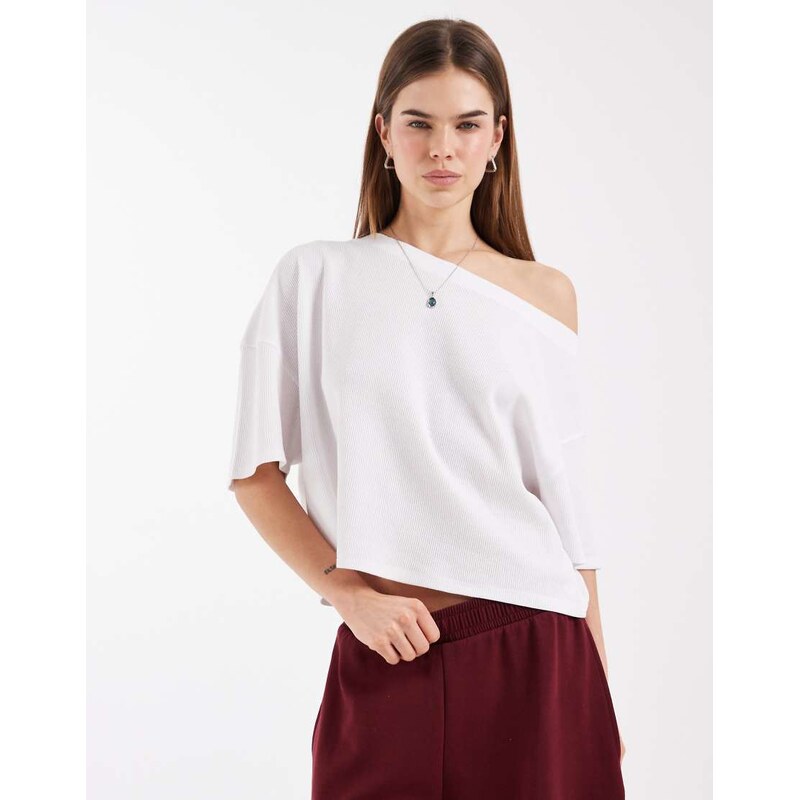 ASOS DESIGN boxy off shoulder waffle t-shirt in white