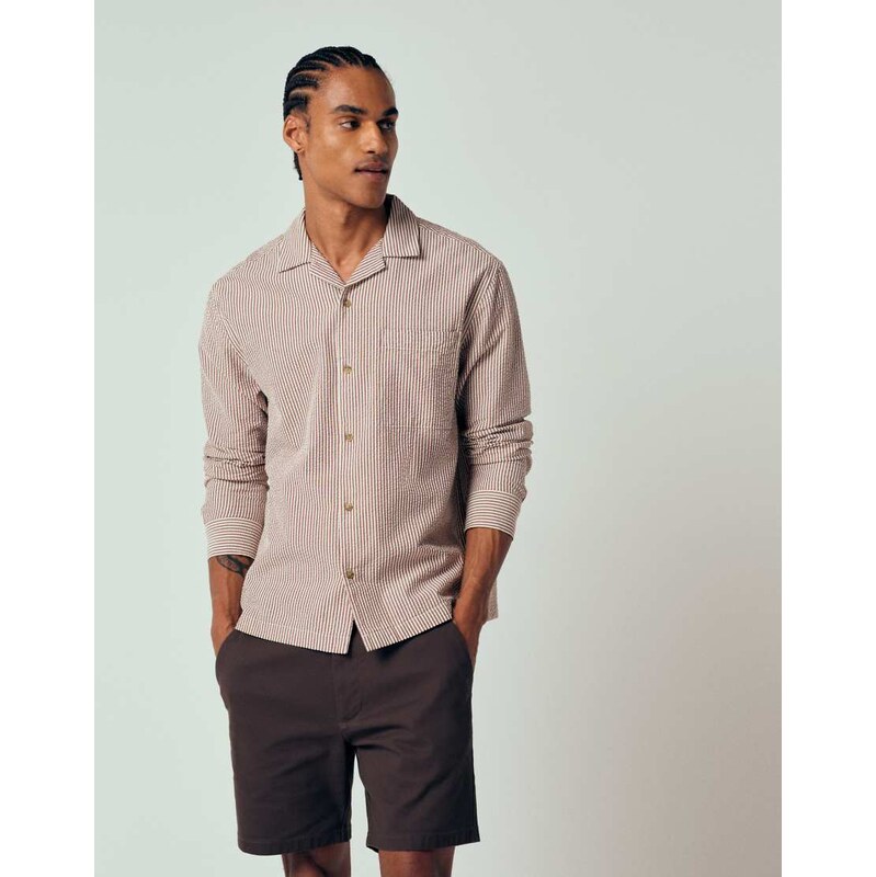 ASOS DESIGN relaxed revere seersucker stripe shirt in burgundy
