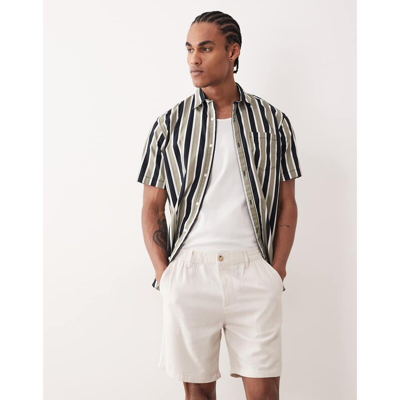 ASOS DESIGN slim linen blend shorts in mid length in stone-Neutral
