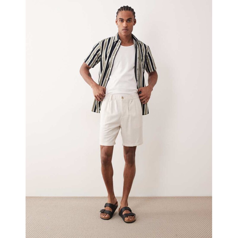 ASOS DESIGN slim linen blend shorts in mid length in stone-Neutral