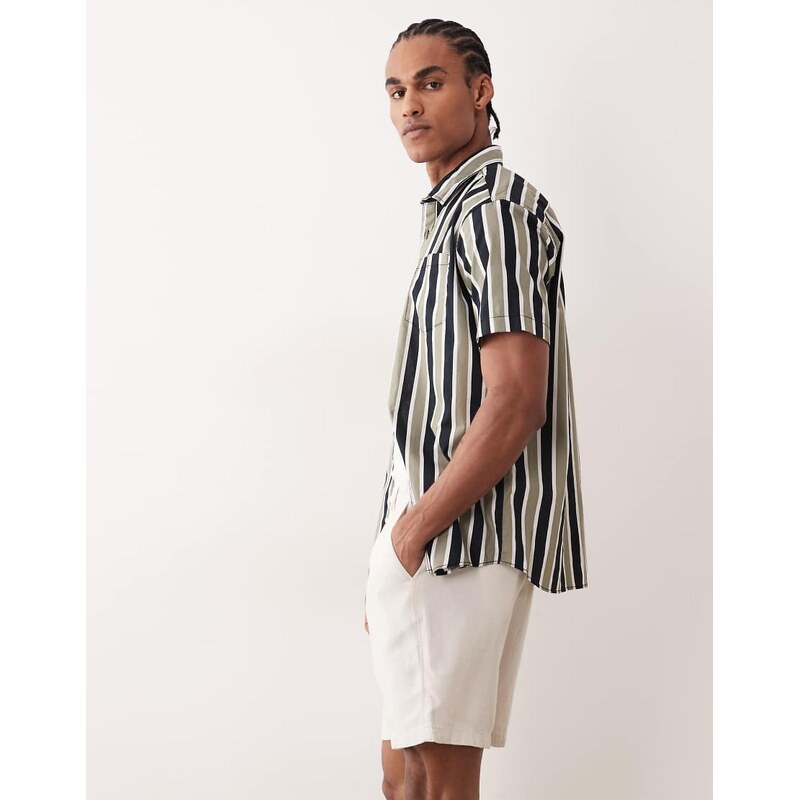 ASOS DESIGN slim linen blend shorts in mid length in stone-Neutral