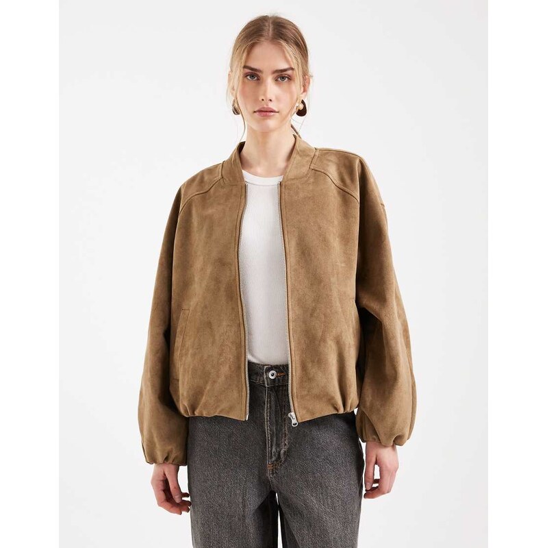 ASOS DESIGN bubble hem suedette bomber jacket in tan-Black