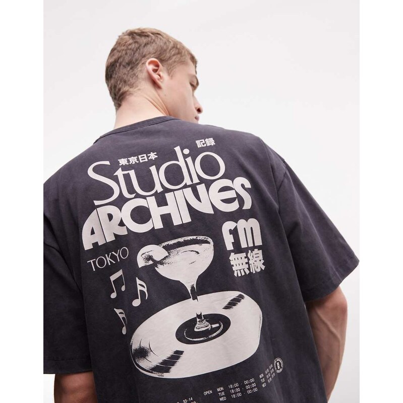 ASOS DESIGN boxy oversized t-shirt with record graphic in black wash