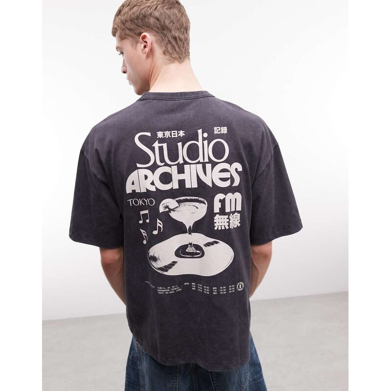ASOS DESIGN boxy oversized t-shirt with record graphic in black wash