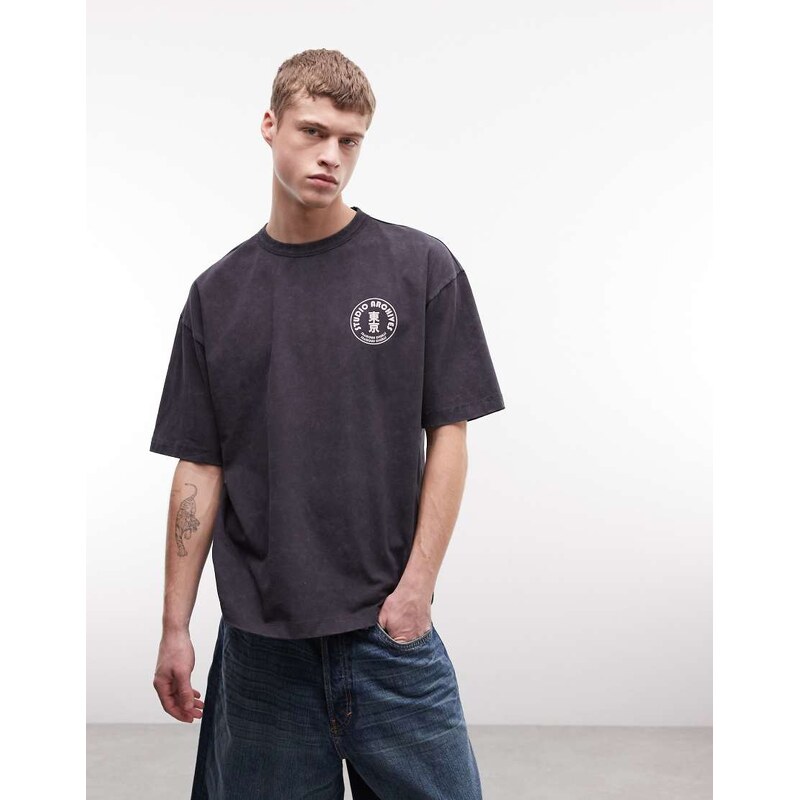 ASOS DESIGN boxy oversized t-shirt with record graphic in black wash