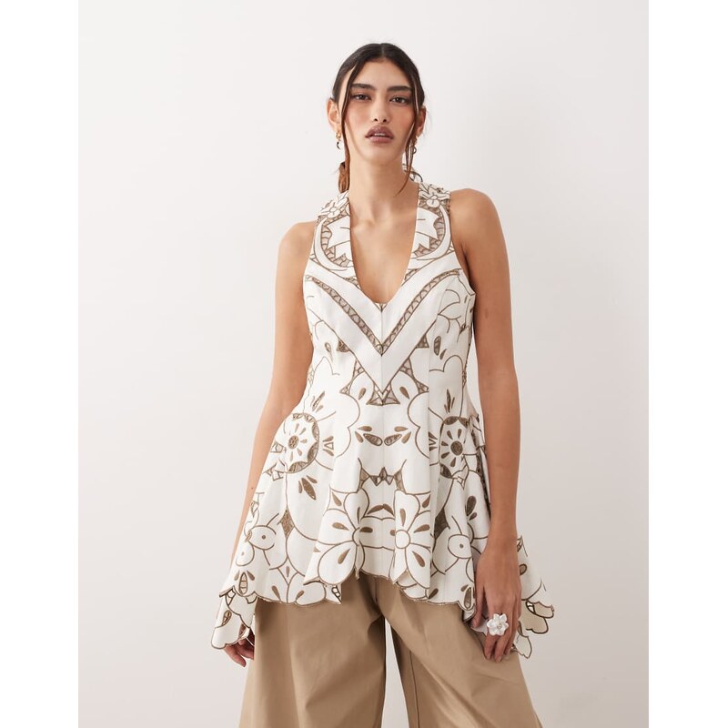 ARRANGE cutwork embroidered longline trapeze hem top-White 114683839