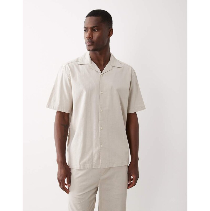ONLY & SONS linen look revere collar shirt co-ord in beige