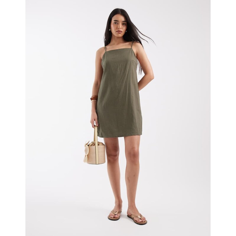 JJXX linen blend mini dress in khaki-Green